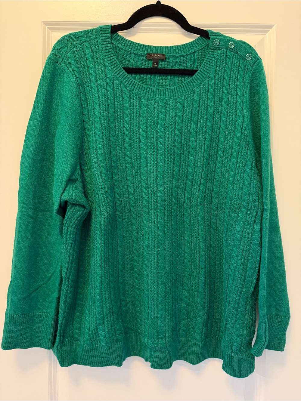 Talbots Teal Green Cable-Knit Crew Sweater with Shoulder Buttons